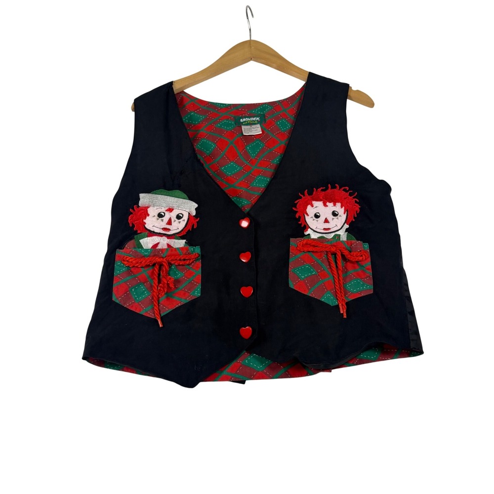 Snowden and Friends Christmas Vest Black Silk Plaid Character Heart Buttons M